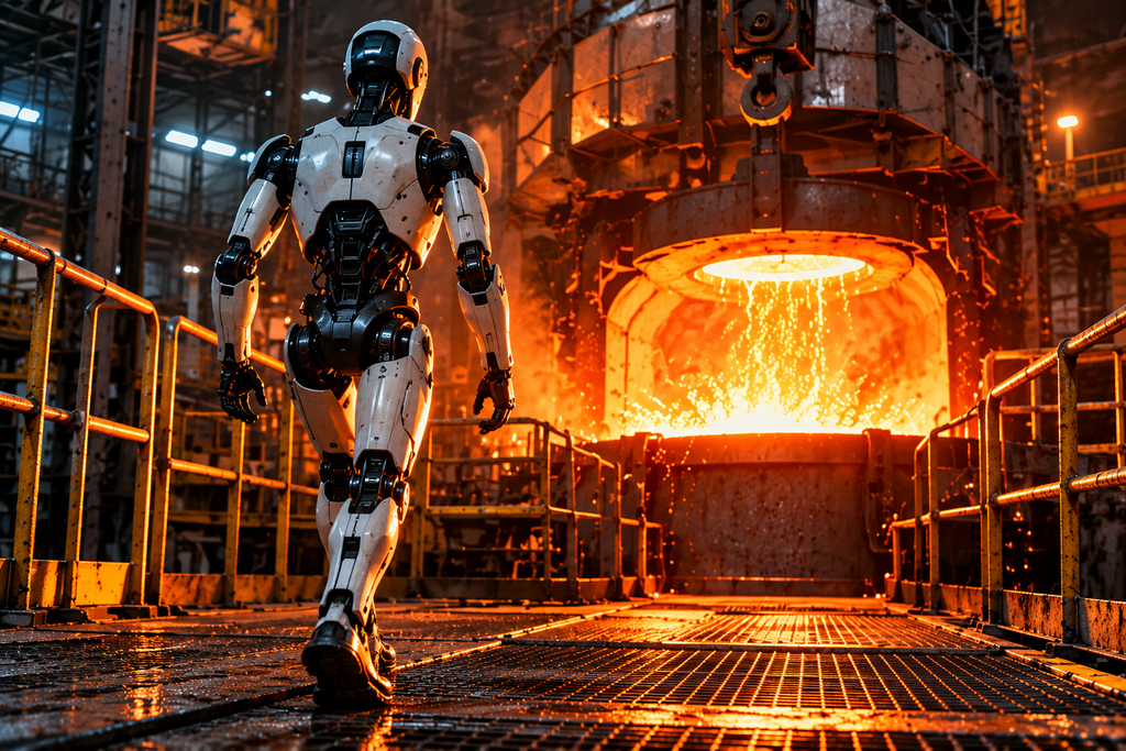 Ilustração de um robô humanoide caminhando em direção a uma fornalha industrial com metal incandescente.