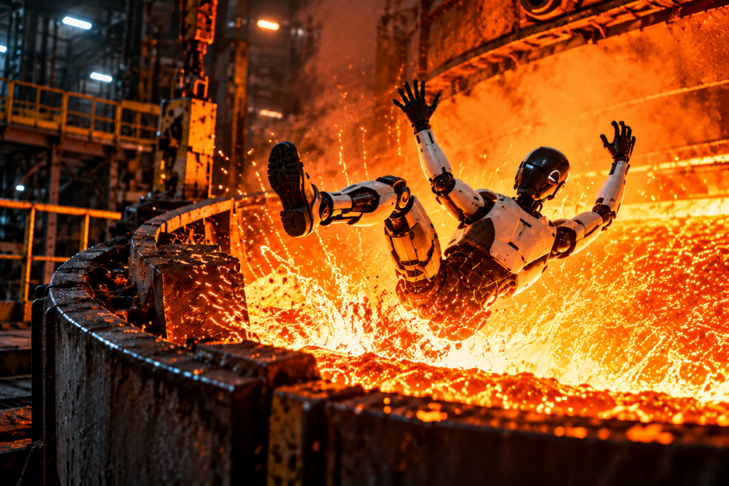 Ilustração de um robô humanoide se lançando em uma fornalha industrial, cercado por chamas e metal incandescente.